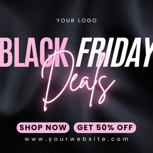 Op de afbeelding: Black Friday Deals grafiek met roze ballonnen op een zwarte achtergrond. De tekst luidt "Black Friday Deals" met "Deals" in een roze cursief schrift. De tekst "Shop Now" en "Get 50% Off" staat onder de hoofdtekst, met het websiteadres "www.yourwebsite.com" eronder.