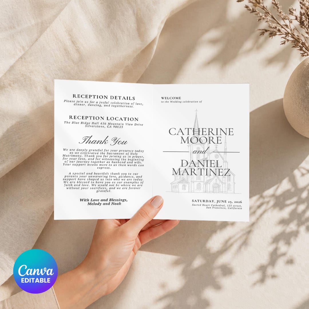 Catholic Wedding Program Template, Editable Canva Folded Wedding ...