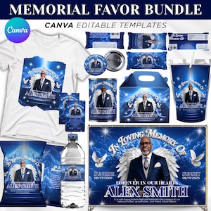 Blue Memorial Party Favor Bundle, Editable In Loving Memory Canva Template, Funeral Party Favor Bundle, Celebration of Life Favor Set Canva