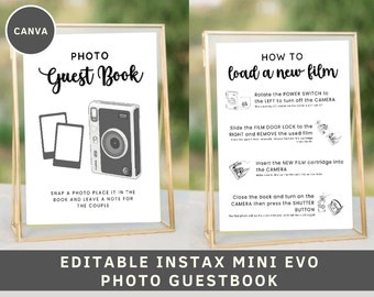 May include: A printable sign for a photo guest book. The sign features a black and white illustration of an instant camera and the text "PHOTO Guest Book". The sign also includes instructions on how to load a new film cartridge into the camera.