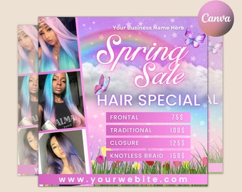 Folleto de primavera, Folleto de rebajas de primavera de Pascua, Folleto de belleza, Folleto de peinados de primavera, Folleto de instalación de pelucas, Folleto especial de trenzas, Folleto de reservas de peluquería de marzo/abril