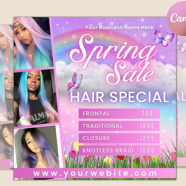 Flyer de printemps, Flyer de vente de printemps de Pâques, Flyer de beauté, Flyer de cheveux de printemps, Flyer d'installation de perruque, Flyer spécial Tresses, Flyer de réservation de cheveux de mars/avril