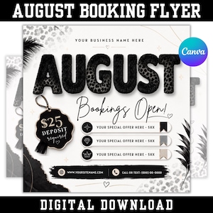 August Bookings Flyer Template, August Bookings Available Summer Beauty Flyer, Canva Editable Hair, Nails Lashes Makeup, August Books Open