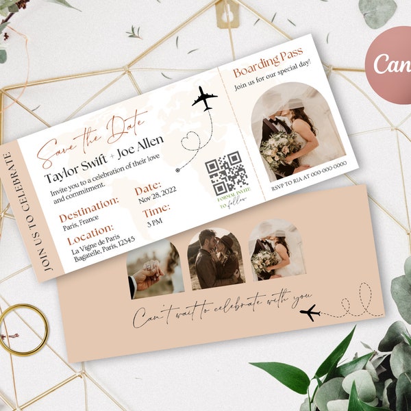 Boarding Pass Save The Date, Destination Wedding Invitation, Passport Wedding Invitation, Printable, Travel Theme, Beach, Template Download