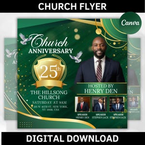 Puede incluir: Un folleto de aniversario de iglesia verde y dorado con un logotipo de aniversario de 25 años en oro, el texto "Aniversario de la iglesia 25º", y el texto "The Hillsong Church Sábado a las 9 am 235 W 46th St, Nueva York, NY 10036, USA". El folleto también presenta una foto de un hombre con traje y corbata, y el texto "Presentado por Henry Den".