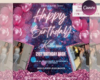 Folleto de feliz cumpleaños, folleto de cumpleaños editable, invitación para cumpleañera, plantilla de invitación de cumpleaños, fiesta de cumpleaños, cena de cumpleaños