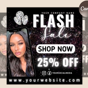 New Arrival Shop Now Hair Bundles Lash Tech Makeup Nail Boutique Social Media Editable DIY Canva Template, Flash Sale Flyer Template
