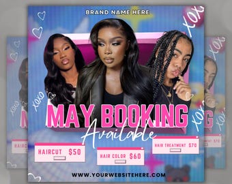 Może przedstawiać: Różowa i niebieska ulotka z tekstem "MAY BOOKING FLYER" i "BRAND NAME HERE". Ulotka reklamuje usługi fryzjerskie z podanymi cenami za strzyżenie, koloryzację i zabiegi pielęgnacyjne. Tekst "DIGITAL DOWNLOAD" znajduje się na dole ulotki.