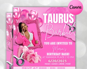 May include: Pink flyer with the text "TAURUS BIRTHDAY FLYER" and "TAURUS Barbie". The flyer includes a photo of a person, balloons, gifts, and the invitation details for Maria's birthday bash on June 20, 2023.