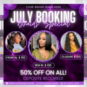 July Booking Flyer, Hair Braiding / Knotless Braids Flyer, DIY Summer Flyer, Summer Sale Flyer, Social Media Flyer, Canva Flyer Template