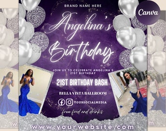 Birthday Bash Flyer, Birthday Flyer Girl, DIY Flyer Template Design, Birthday Party Invites Flyer, Premade Celebration Instagram Post