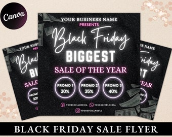 May include: Black Friday sale flyer with a black background and pink neon text. The flyer features a graphic of money falling from the sky and three circles with the text "Promo 1 30%", "Promo 2 35%", and "Promo 3 40%".