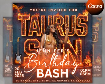 May include: A digital flyer for a Taurus birthday bash. The flyer features a woman in a gold bikini and a fiery background with the words "Taurus" and "Jennifer's Birthday Bash" in large, bold letters. The event is scheduled for February 20, 2025, at Boyer Garden Suite 401 in Yazminchester, Kentucky.