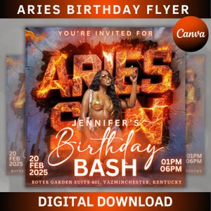 May include: A promotional flyer for Jennifer's Aries Birthday Bash. The design features a woman in a gold bikini, with fiery text that reads "ARIES" and "BASH". The flyer includes the date, time, and location, with the text "DIGITAL DOWNLOAD" at the bottom.