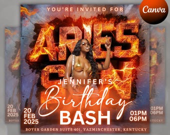 May include: A promotional flyer for Jennifer's Aries Birthday Bash. The design features a woman in a gold bikini, with fiery text that reads "ARIES" and "BASH". The flyer includes the date, time, and location, with the text "DIGITAL DOWNLOAD" at the bottom.