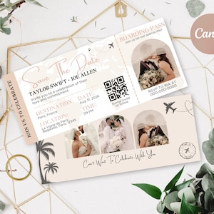 Puede incluir: Un juego de invitaciones de boda diseñado como una tarjeta de embarque y una tarjeta de reserva de fecha. El diseño presenta fotos de una pareja, los nombres Taylor Swift y Joe Allen, y detalles del evento. La combinación de colores es beige suave y rosa.