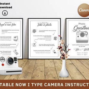 Instruções da câmera Polaroid Now I-Type, livro de visitas com fotos, placa para livro de visitas com fotos, livro de visitas Polaroid, câmera de casamento, Polaroid para casamento