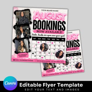 May include: A square digital flyer template featuring pink balloon-style text reading AUGUST BOOKINGS NOW AVAILABLE. It includes a monthly calendar grid, three portrait photo placeholders of a person with long dark hair, and text fields for contact details.