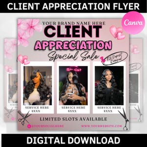 Può includere: Un volantino rosa e bianco con il testo "CLIENT APPRECIATION Special Sale" e una grafica a forma di cuore rosa. Il volantino pubblicizza un salone di parrucchiere con tre foto di donne con i capelli acconciati. Il testo "Deposito di 20 € richiesto" è anche sul volantino.