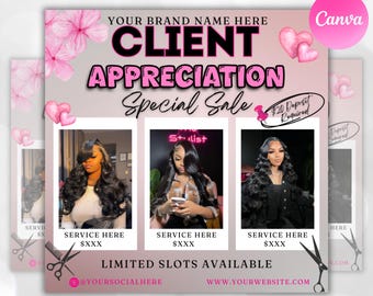 Client Appreciation Flyer, Client Appreciation Sale Flyer, Book Now Flyer, Hairstylist Flyer Nail Lash Tech, Wigs Braid Flyer Canva Template