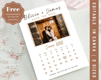 May include: A white Save the Date card with a photo of a couple, the names "Olivia + James", and a calendar for June. The card includes the text "Formal Invitation to Follow" and "Editable in Canva | 2 Sizes".