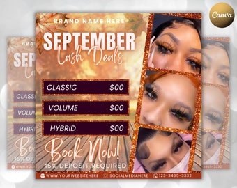 Editable September Fall Flyer, Lashes Deals Available, Appointment Flyer, Canva Template, Beauty, Lashes, Social Media Flyer, Book Now Flyer