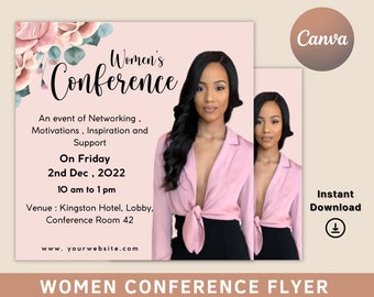 May include: A pink flyer with a floral design and a woman in a pink shirt. The flyer advertises a Women's Conference on Friday, December 2nd, 2022, from 10 am to 1 pm at the Kingston Hotel, Lobby, Conference Room 42. The flyer includes the website www.yourwebsite.com.