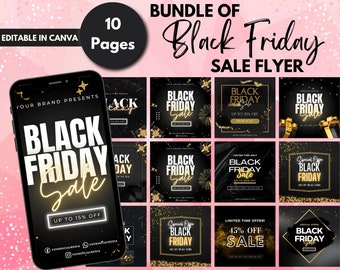 May include: A bundle of 10 Black Friday sale flyer templates, editable in Canva. The flyers feature a black background with gold accents and text, and include phrases like "Black Friday Sale", "Up to 15% Off", and "Limited Time Offer".