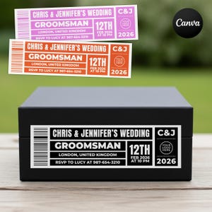 May include: A black gift box with three invitation cards. The cards are in pink, orange, and white, with the text "Chris & Jennifer's Wedding" and "Groomsman". The date is February 12th, 2026.