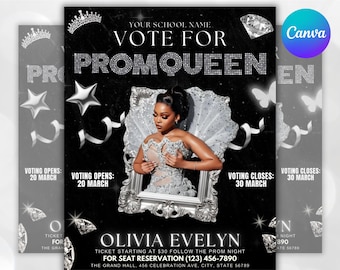 Vote For Prom Queen Flyer, Prom Send Off Flyer, Black & Silver Prom Send Off, Homecoming Queen Prom Event Flyer, Canva Editable Template