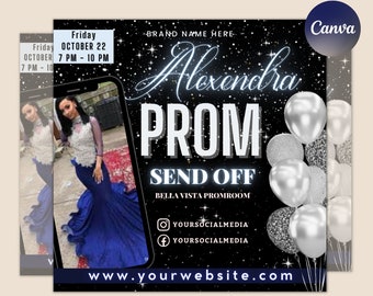 May include: A black and white prom send-off invitation with a photo of a person in a blue dress. The invitation includes the text "Alexandra Prom Send Off" and the date "Friday October 22, 7 PM - 10 PM".