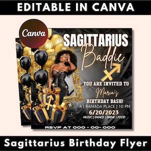 Sagittarius Birthday Flyer, Birthday Girl, Happy Birthday Flyer, Sagittarius Season, Sagittarius Party, Celebration Flyer, Canva Editable