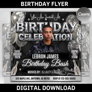 May include: A digital birthday flyer with a black and silver theme. The flyer features the text "BIRTHDAY CELEBRATION" and "LEBRON JAMES Birthday Bash". Includes event details, date, time, and RSVP information. The flyer is a digital download.