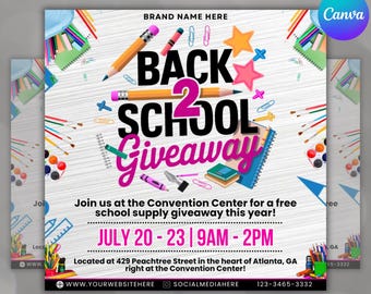 Back To School Flyer Giveaway Flyer, Back to school Supplies flyer, DIY canva template, Back 2 School Flyer, Giveaway Special Flyer Canva