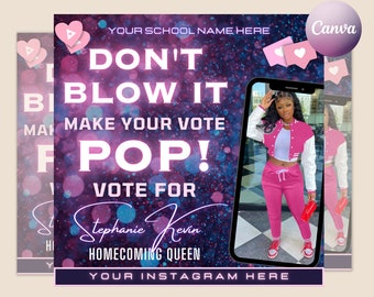 Homecoming-folder koningin verkiezing, don't blow it pop it, pop the vote, klascampagne studentenraadflyer