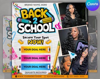 Folleto de regreso a clases, folleto de peinados para el regreso a clases, folleto de rebajas de regreso a clases, plantilla DIY de Canva, folleto de regreso a clases, folleto especial de trenzas