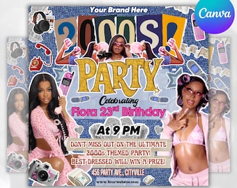 Y2K Themed Party Flyer & 2000s Birthday Invite, Retro House Party Canva Template, 90s Club DJ Millennial Editable Design