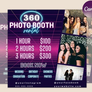 360 Photo Booth Rental Flyer | DIY Event Photography Rental Party Celebration Photobooth Social Media Instagram Editable Canva Template