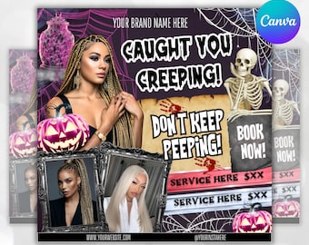 ハロウィンヘア予約チラシ、10月予約チラシ、不気味なSZNチラシ、怖いヘアまつげメイクネイル予約受付中、Canva編集可能