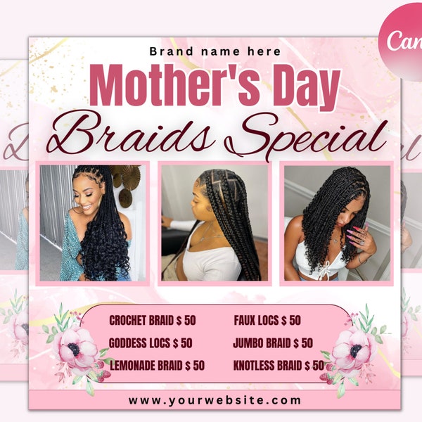 Mothers Day Braid Sale Flyer, Braid Prices Flyer, Braids Sale Flyer, Hair Flyer, Lashes Flyer, Braids Special Flyer Template, Social Media