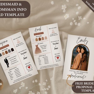 Bridesmaid info card template editable with Canva, Bridesmaid Proposal Card, Customizable bridal party info, Bridesmaid Groomsman Template
