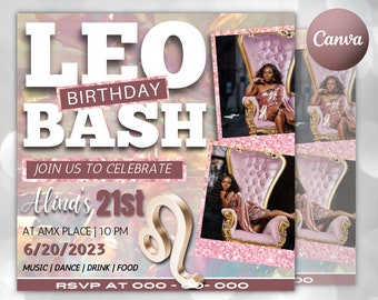 May include: A pink and gold birthday party invitation with the text "LEO BIRTHDAY BASH" and "Join us to celebrate Alina's 21st". The invitation also includes a gold Leo zodiac symbol and a date of 6/20/2023.