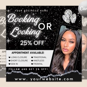 Booking Or Looking Appointment Flyer | DIY Book Now Available | Social Media Instagram | Hair Lashes Nails Wigs Makeup | Canva Template