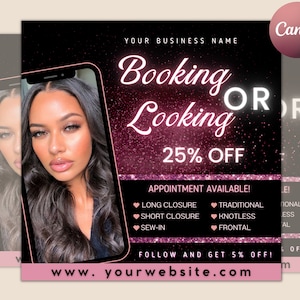 Booking Or Looking Appointment Flyer | DIY Book Now Available | Social Media Instagram | Hair Lashes Nails Wigs Makeup | Canva Template