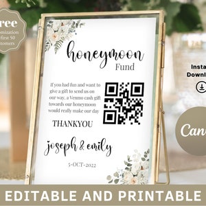 Honeymoon Fund Sign, Venmo Honeymoon Wish, Wedding Cash Gift, Minimalist, Editable Template, Instant Download, Template 5&quot; x 7&quot;in