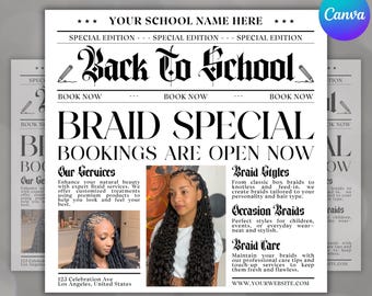 Terug naar school-krantenflyer, terug naar school-verkoopflyer, terug naar school haarflyer, canvassjabloon, terug 2 school-flyer, speciale vlechtflyer