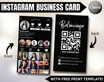 May include: Black and white Instagram business card with a QR code, the text "Balenciaga" and the text "Stay Connected!" with contact information for Balenciagamua. The front of the card shows a profile picture of a woman with the text "Balenciagamua" and a grid of images.