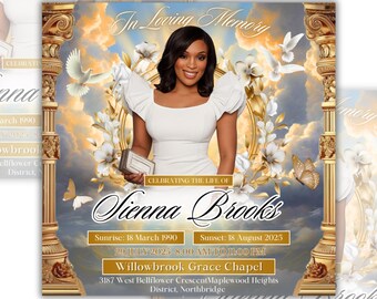 Folleto de anuncio de funeral conmemorativo, folleto conmemorativo, funeral conmemorativo, plantilla de folleto de invitación a funeral, folleto "Descanse en paz", editable en Canva