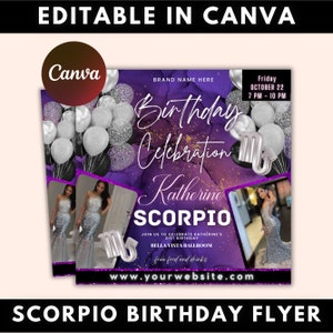 Scorpio Birthday Flyer, Birthday Template, Birthday Girl, Party Flyer, Celebration Flyer, Birthday Event, Birthday Invite, Canva Flyer