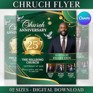 Könnte beinhalten: Ein grüner und goldener Kirchenjubiläumsflyer mit dem Text "Church Anniversary 25th". Der Flyer zeigt ein Foto eines Mannes im Anzug und den Text "Hosted by Henry Den". Enthält den Text "The Hillsong Church" und Veranstaltungsdetails.
